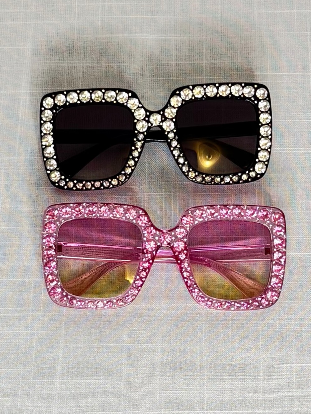 Oversized Rhinestone Sunglasses – Bling Square Frame Shades (Black & Pink)